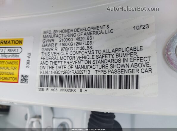 1HGCY2F84RA009713 2024 HONDA ACCORD White ძრავის განყოფილების ხედი