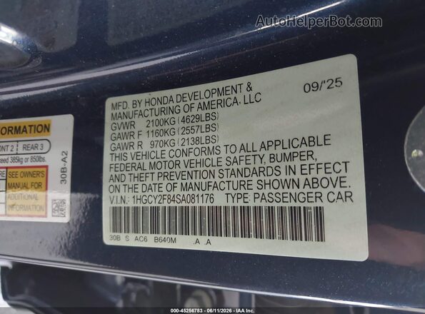 1HGCY2F84SA081176 2025 HONDA ACCORD Blue Շարժիչի բաժամունքի տեսք