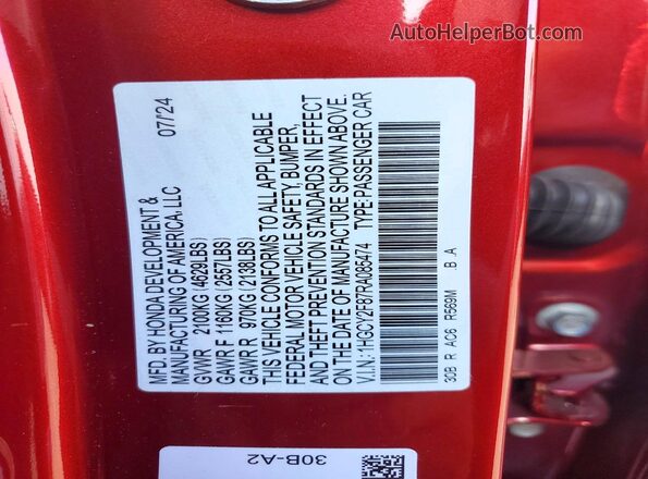 1HGCY2F87RA085474 2024 HONDA ACCORD Red ძრავის განყოფილების ხედი