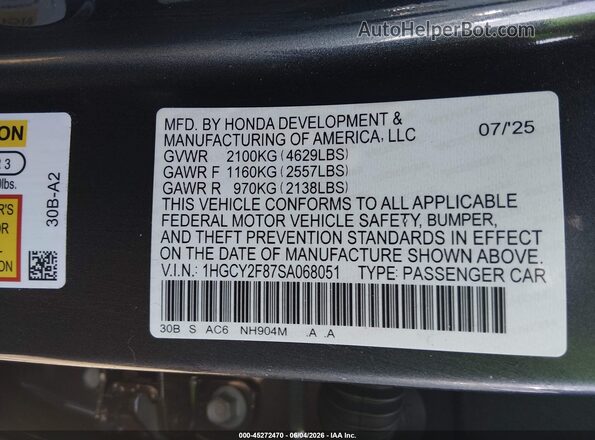 1HGCY2F87SA068051 2025 HONDA ACCORD Gray Widok komory silnika