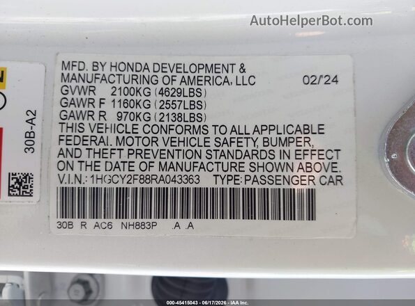1HGCY2F88RA043363 2024 HONDA ACCORD White Вид підкапотного простору