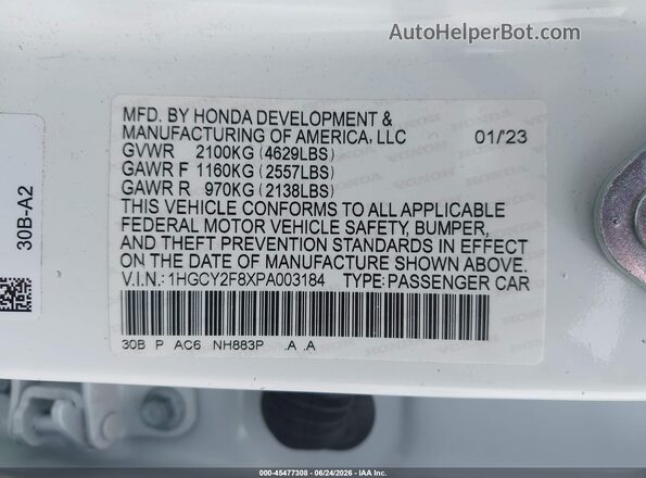 1HGCY2F8XPA003184 2023 HONDA ACCORD Белый Вид подкапотного пространства