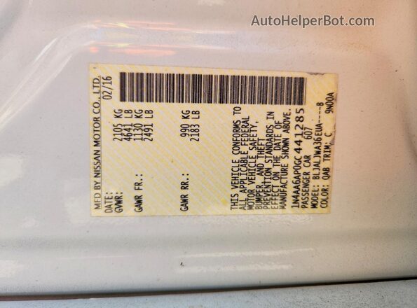 1N4AA6AP0GC441285 2016 NISSAN MAXIMA White Widok komory silnika