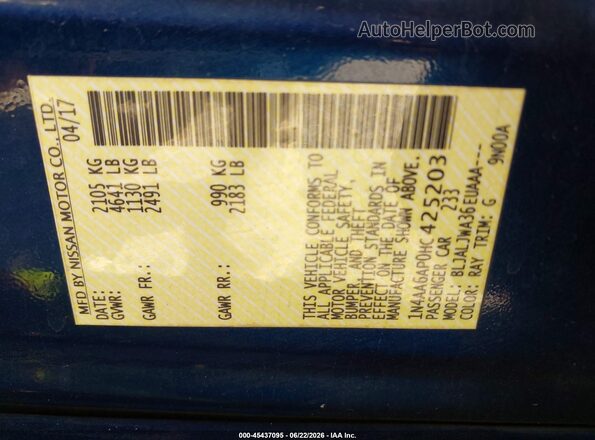 1N4AA6AP0HC425203 2017 NISSAN MAXIMA Blue Вид підкапотного простору