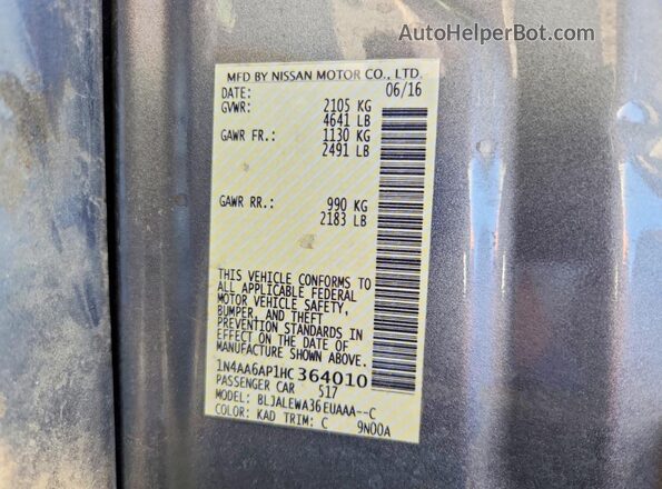 1N4AA6AP1HC364010 2017 NISSAN MAXIMA Gray VIN sticker view