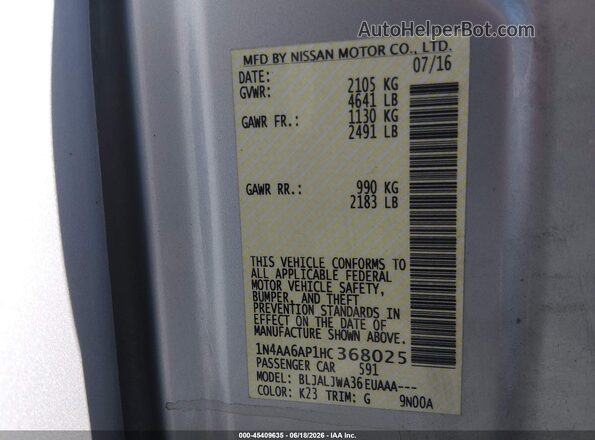 1N4AA6AP1HC368025 2017 NISSAN MAXIMA Silver Engine compartment view