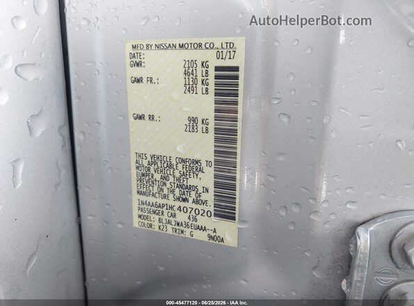 1N4AA6AP1HC407020 2017 NISSAN MAXIMA Silver Շարժիչի բաժամունքի տեսք