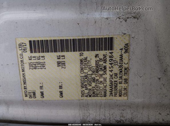 1N4AA6AP1HC454984 2017 NISSAN MAXIMA White Engine compartment view