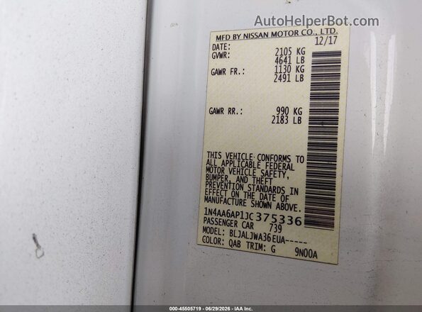 1N4AA6AP1JC375336 2018 NISSAN MAXIMA White Engine compartment view