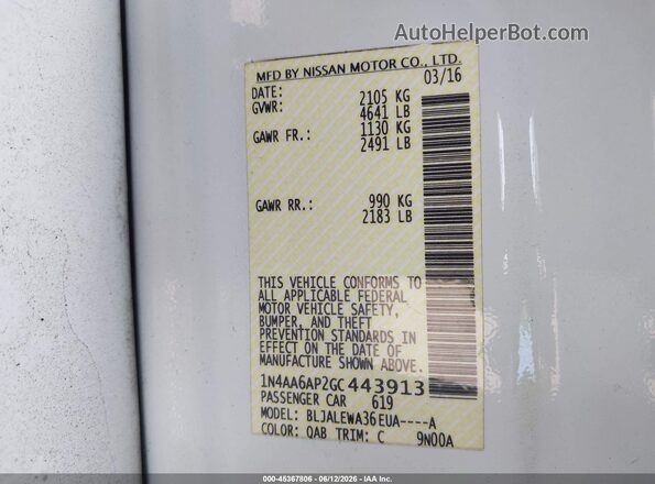 1N4AA6AP2GC443913 2016 NISSAN MAXIMA White Vista del compartimento del motor