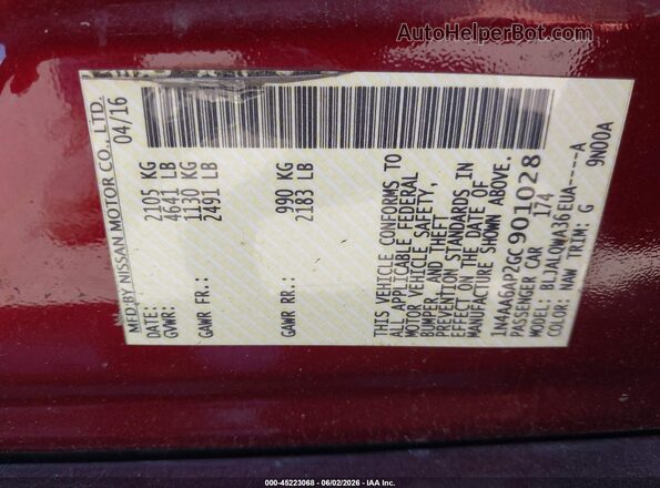 1N4AA6AP2GC901028 2016 NISSAN MAXIMA Red Շարժիչի բաժամունքի տեսք