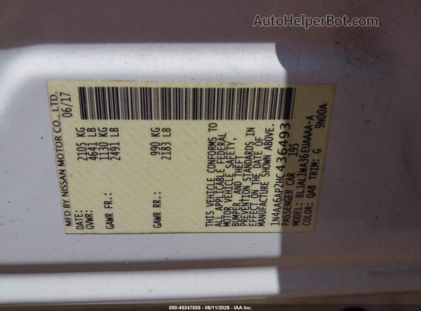 1N4AA6AP2HC436493 2017 NISSAN MAXIMA Белый Вид подкапотного пространства