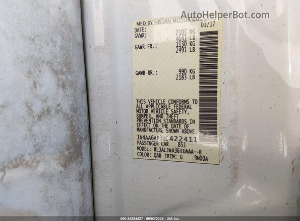 1N4AA6AP3HC422411 2017 NISSAN MAXIMA White 