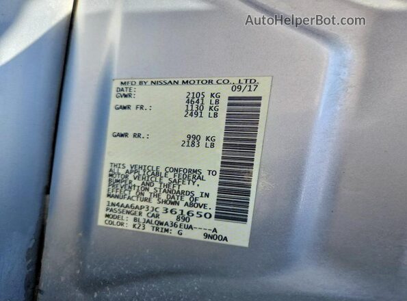 1N4AA6AP3JC361650 2018 NISSAN MAXIMA Silver VIN კოდის სტიკერის ხედი