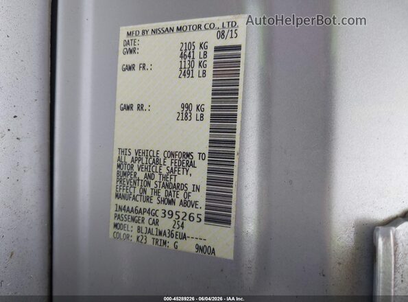 1N4AA6AP4GC395265 2016 NISSAN MAXIMA Silver Vista del compartimento del motor