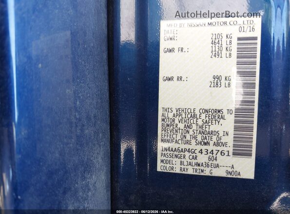 1N4AA6AP4GC434761 2016 NISSAN MAXIMA Blue Engine compartment view