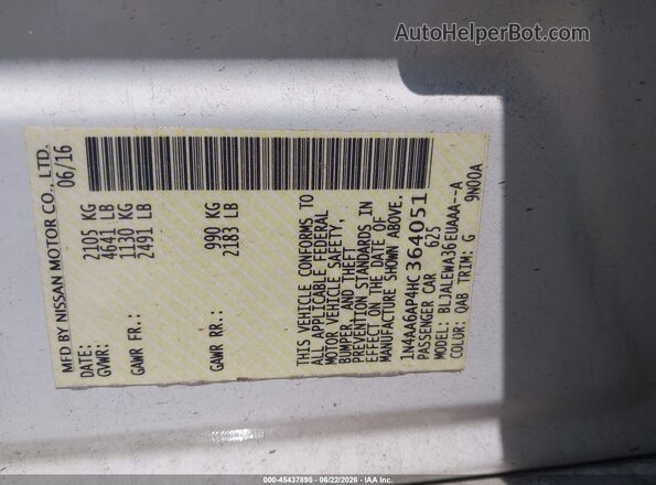 1N4AA6AP4HC364051 2017 NISSAN MAXIMA White Շարժիչի բաժամունքի տեսք