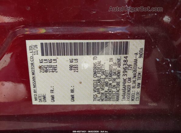 1N4AA6AP4HC396384 2017 NISSAN MAXIMA Maroon Вид підкапотного простору
