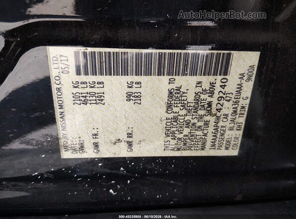 1N4AA6AP4HC429240 2017 NISSAN MAXIMA Black 