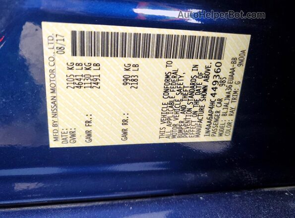 1N4AA6AP4HC449360 2017 NISSAN MAXIMA Blue Widok komory silnika