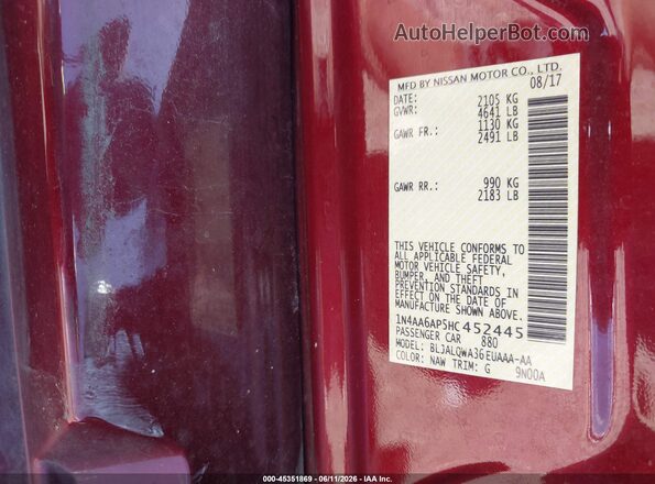 1N4AA6AP5HC452445 2017 NISSAN MAXIMA Красный 