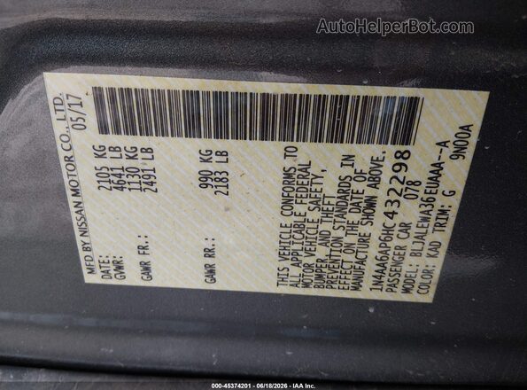 1N4AA6AP6HC432298 2017 NISSAN MAXIMA Gray Vista del compartimento del motor