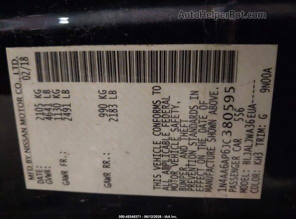 1N4AA6AP6JC380595 2018 NISSAN MAXIMA Black Widok komory silnika