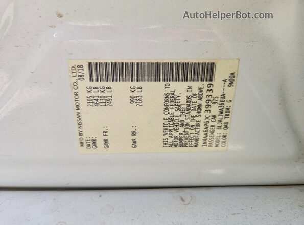 1N4AA6AP6JC399339 2018 NISSAN MAXIMA White VIN sticker view
