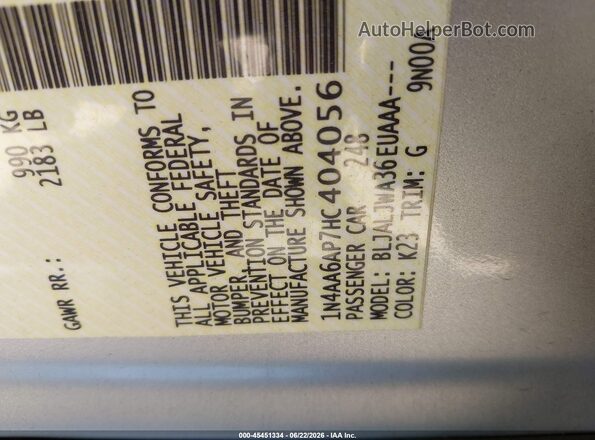 1N4AA6AP7HC404056 2017 NISSAN MAXIMA Серебряный Вид подкапотного пространства