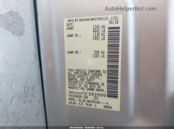 1N4AA6AP7JC393999 2018 NISSAN MAXIMA Silver Engine compartment view
