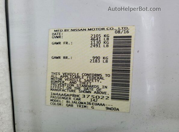 1N4AA6AP8HC375022 2017 NISSAN MAXIMA White Widok komory silnika