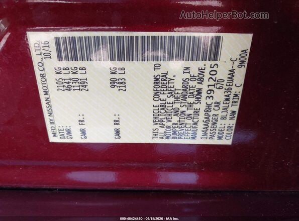 1N4AA6AP8HC391205 2017 NISSAN MAXIMA Burgundy 