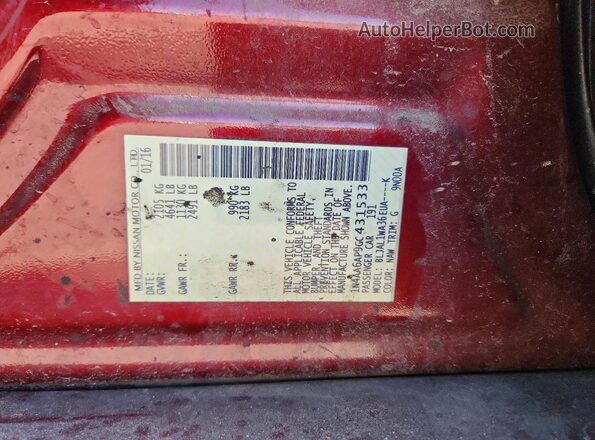 1N4AA6AP9GC431533 2016 NISSAN MAXIMA Burgundy VIN կոդի պիտակի տեսք