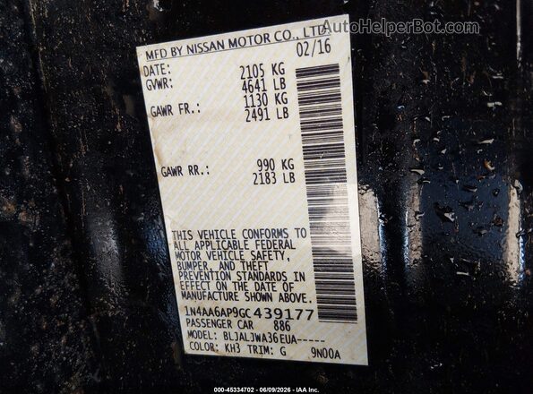 1N4AA6AP9GC439177 2016 NISSAN MAXIMA Black Շարժիչի բաժամունքի տեսք