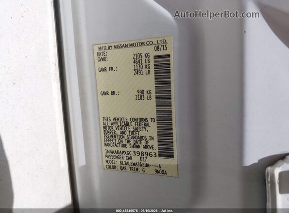 1N4AA6APXGC398963 2016 NISSAN MAXIMA White ძრავის განყოფილების ხედი