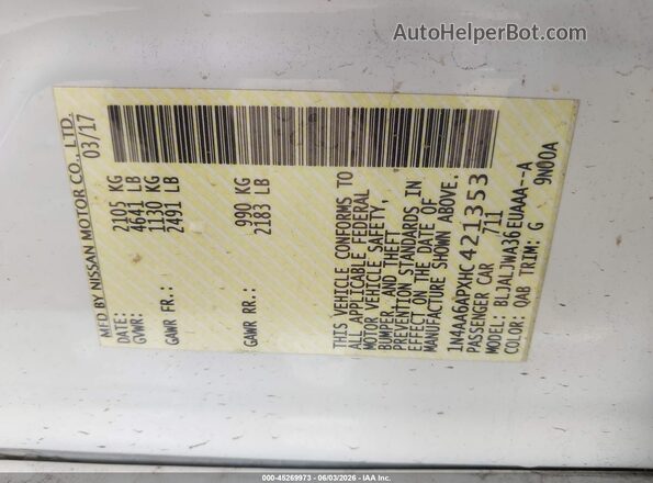 1N4AA6APXHC421353 2017 NISSAN MAXIMA White Engine compartment view