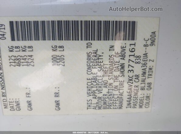 1N4AA6AV2KC377161 2019 NISSAN MAXIMA White Вид підкапотного простору