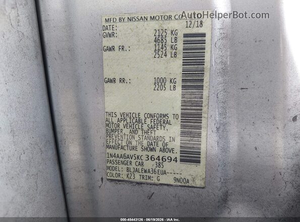 1N4AA6AV5KC364694 2019 NISSAN MAXIMA Silver Вид підкапотного простору