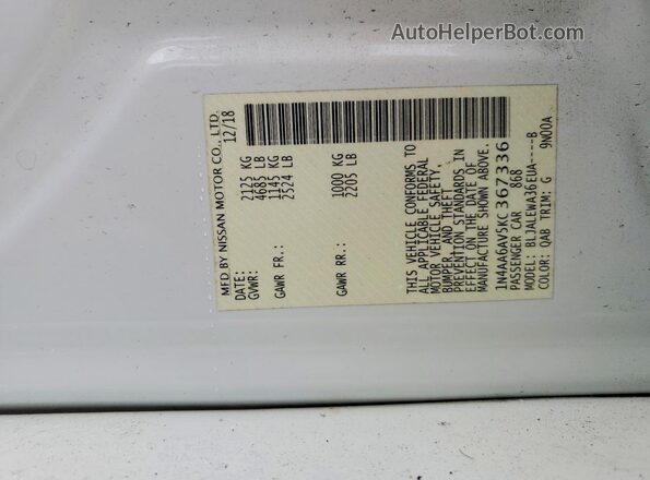 1N4AA6AV5KC367336 2019 NISSAN MAXIMA White VIN կոդի պիտակի տեսք