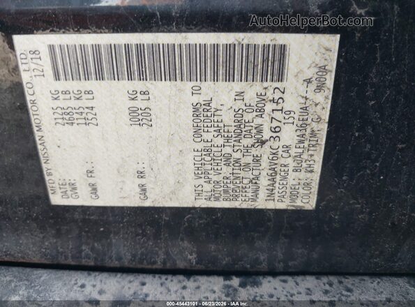 1N4AA6AV6KC367152 2019 NISSAN MAXIMA Black Вид підкапотного простору