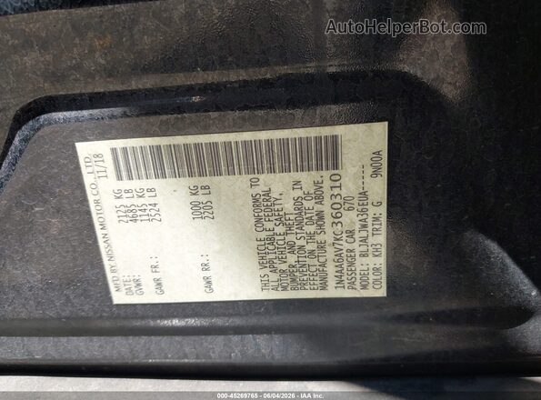 1N4AA6AV7KC360310 2019 NISSAN MAXIMA Black Vista del compartimento del motor