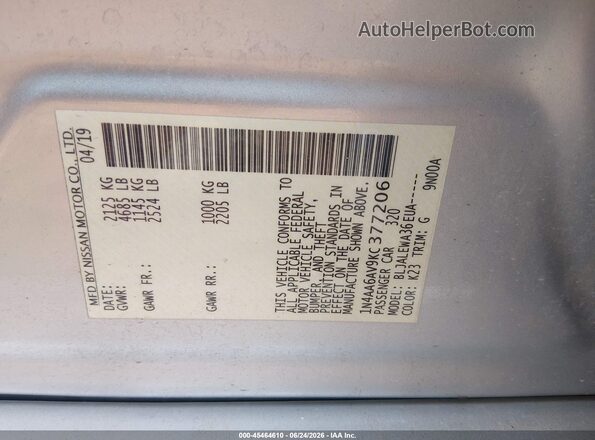 1N4AA6AV9KC377206 2019 NISSAN MAXIMA Silver Vista del compartimento del motor