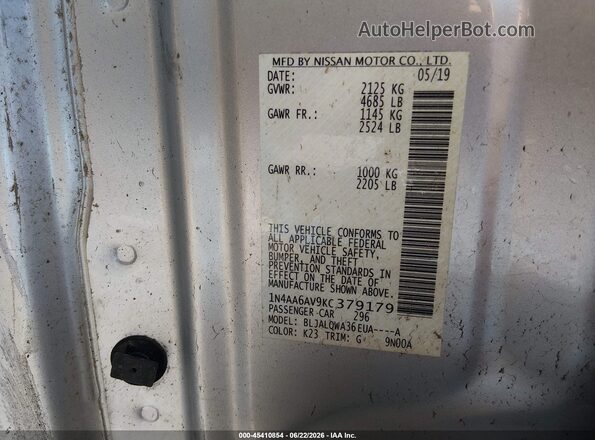 1N4AA6AV9KC379179 2019 NISSAN MAXIMA Серебряный Вид подкапотного пространства