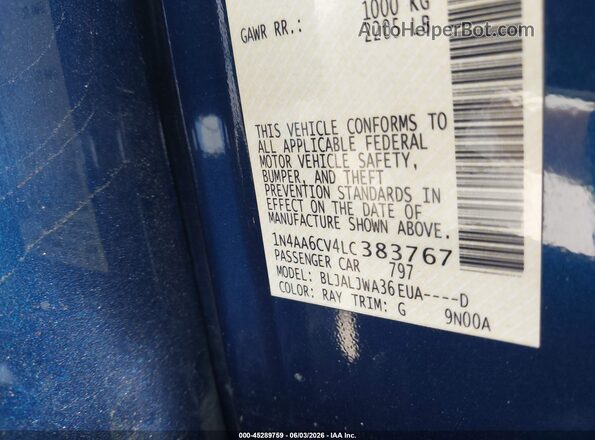 1N4AA6CV4LC383767 2020 NISSAN MAXIMA Синий Вид подкапотного пространства
