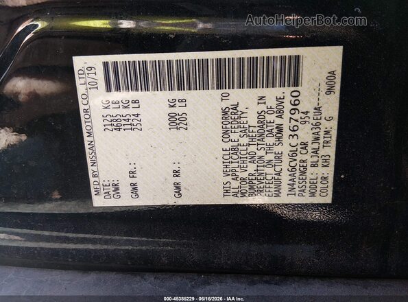 1N4AA6CV6LC367960 2020 NISSAN MAXIMA Черный Вид подкапотного пространства