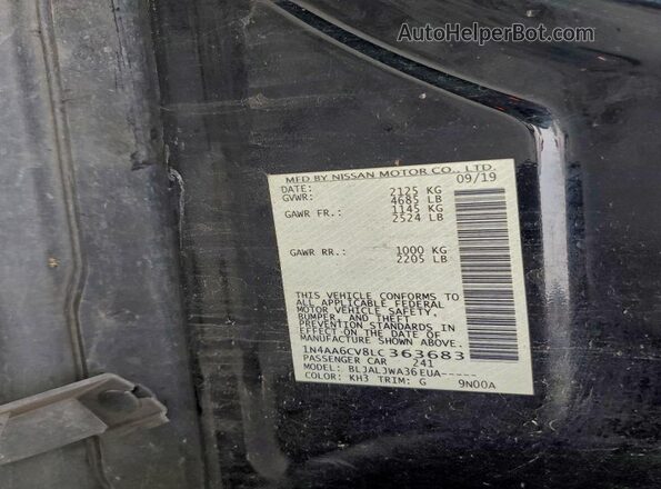 1N4AA6CV8LC363683 2020 NISSAN MAXIMA Black Vista de la etiqueta del VIN