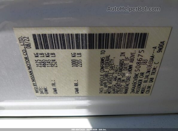 1N4AA6CV8NC508675 2022 NISSAN MAXIMA White Vista del compartimento del motor