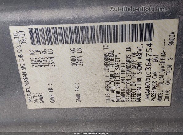 1N4AA6CVXLC364754 2020 NISSAN MAXIMA Gray Engine compartment view