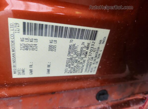 1N4AA6EV7LC370332 2020 NISSAN MAXIMA Orange VIN sticker view