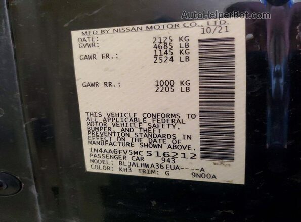 1N4AA6FV5MC516212 2021 NISSAN MAXIMA Black 